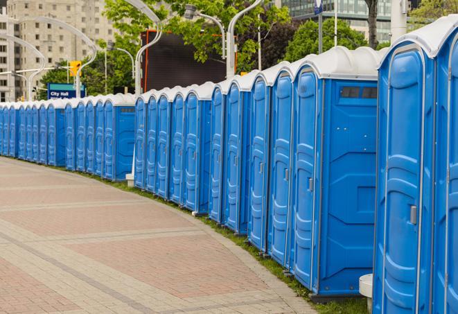 a row of portable restrooms set up for a special event, providing guests with a comfortable and sanitary option in Allen Park